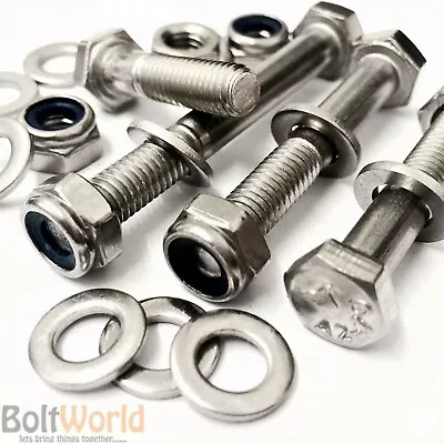 M10 A2 Stainless Part Threaded Hex Head Bolts + Nyloc Nut + Washers Hexagon 931 • £34.19