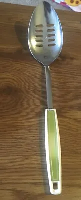 Vintage Ecko USA Chromium Plated Slotted SpoonGreen & White Plastic Handle 12  • $6.99