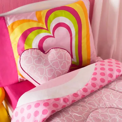 TODDLER BED SIZE - Little Miss Matched - Hearts Pink 4-Pc REVERSIBLE BEDDING SET • $74