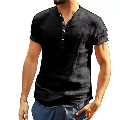 Men T Shirt Short Sleeve Linen Tops Mens Casual Daily Wear V Neck T-shirt Solid • $17.99