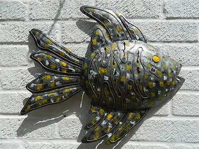  Garden Wall Art Metal Large Tropical Fish Garden Ornament - Silver Yellow Spots • £24.99
