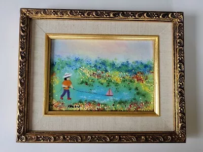 Vintage Boy Toy Sailboat Louis Cardin  Enamel On Copper Painting Framed 5×7 • $47.50