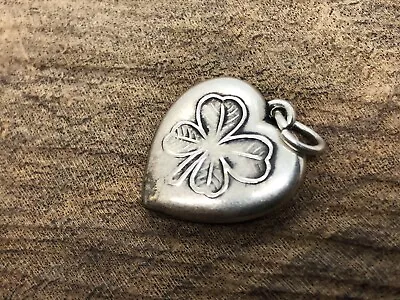 VINTAGE 1940's Sterling Silver Puffy Heart Charm~Repousse Shamrock Clover • $26