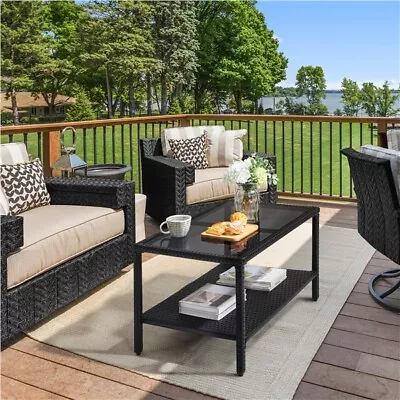 Outdoor Wicker Coffee Table 2-Layer Table All-Weather Rattan Table W/ Storage • $72.99