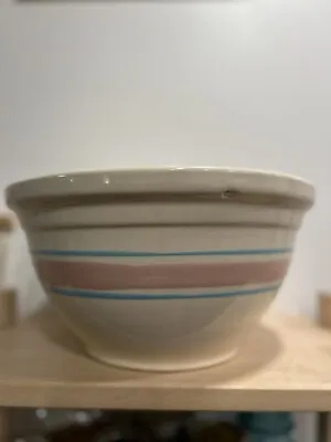 Vintage 1977 McCoy Pottery Large 12  OVEN WARE Mixing Bowl Pink/Blue Stripe USA • $60