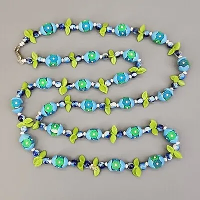 Flower Beaded Necklace Vtg Blue Green Leaves Long Flapper 45  Hong Kong • $19.99