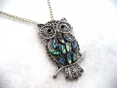 Bright Colored Faux Abalone And Rhinestone Owl Pendant Necklace • $9.99