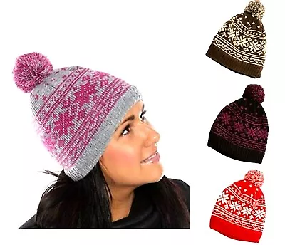 £4.99 • Buy Womens Snowflake Bobble  Hat Beanie Fleece Winter Warm Fleece Lined Knitted Hats