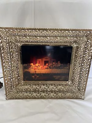 Vintage The Lord's Last Supper Picture In Metal Filigree Lighted Frame 15.5x13.5 • $26.99