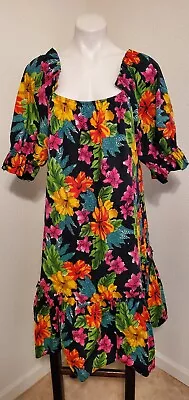 VINTAGE Hilo Hattie Women Dress L Vibrant Floral Hawaiian Off The Shoulder • $12