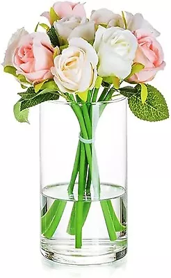 Glass Vase Cylinder Transparent 20cm Clear Tall Flower Vase Home Indoor • £11.99