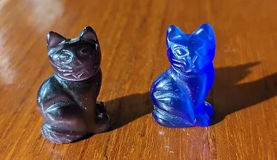 Set (2) Mini Cat Figurines Brilliant Blue & Purple Glass Vintage 1 Inch Tall • $12