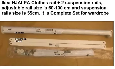 Ikea HJALPA Clothes Rail + 2 Suspension Rails Adjustable/white 60-100x55 Cm • £15.99