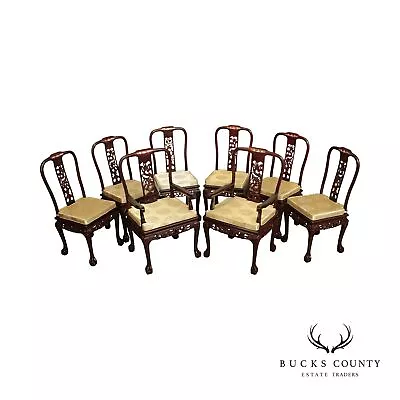 Chinese Rosewood Mother Of Pearl Inlaid Dragon Carved Set Of 8 Dining Chairs • $2495