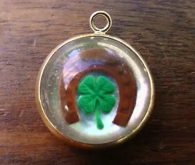 Vintage Gold FOUR LEAF CLOVER SHAMROCK HORSESHOE INTAGLIO Charm REVERSE CRYSTAL • $19.95