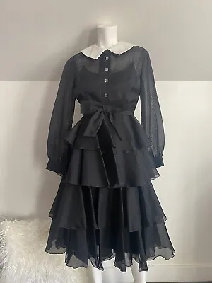 Vintage Bill Blass Maurice Rentner Black White Collar Dress Wednesday 60s Goth • $598
