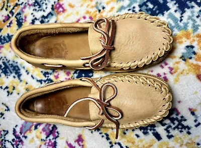 Vintage Sioux Mox Leather Moccasins Soft Tan Rubber Soles Size 7.5 • $25