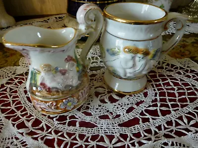 2  Vintage Capodimonte Keramos Porcelain Goblet & Milk Jug Cherubs Hand Painted • £29.99