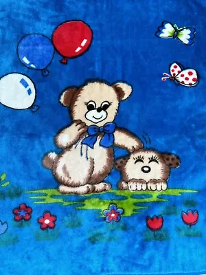 Vintage Mink Baby Blanket Blue Bear Balloons Puppy Dog Butterfly Plush 39x42” • $120