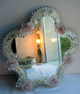 French Romantic Mirror Crystal Opal With Pink Roses ART DECO 1930  MURANO • $175