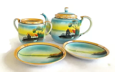 Tea Set Vintage Lustre Luster Ware Teapot Hand Painted House Landscape Japan • $7.91