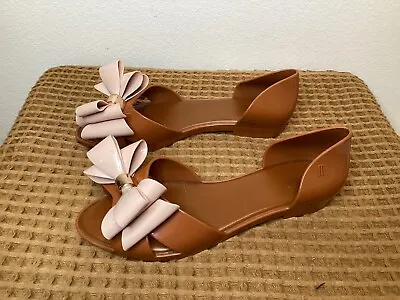 MELISSA Women's Sz 7 Seduction II Brown With Pale Pink Bow Shoes Flats • $24.99