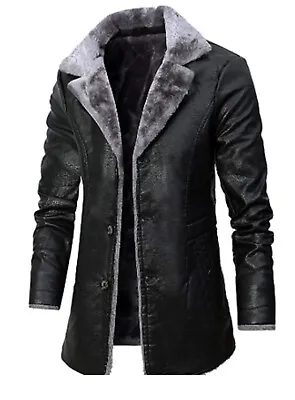 Men's Real Leather Jacket Fur Shearling Lapel Collar Long Trench Black Coat • $174.99