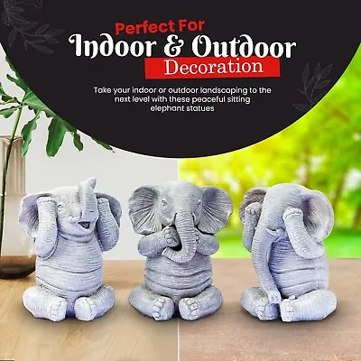 GARDEN ORNAMENTS  3 WISE ELEPHANTS  SEE SPEAK HEAR NO EVIL OUTDOOR INDOOR  23cm • £18.95