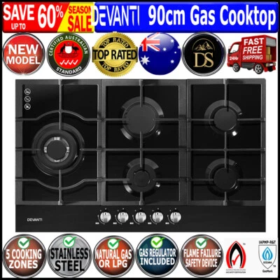$325.17 • Buy 90cm Gas Cooktop 5 Burner Stove Hob 900mm Cooker Kitchen NG LPG Black Glass