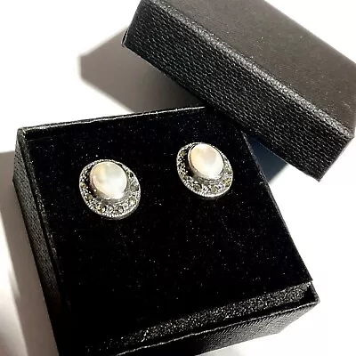 Antique Style SterlIng Silver Mother Of Pearl Marcasite Large Oval Stud Earrings • £33.95