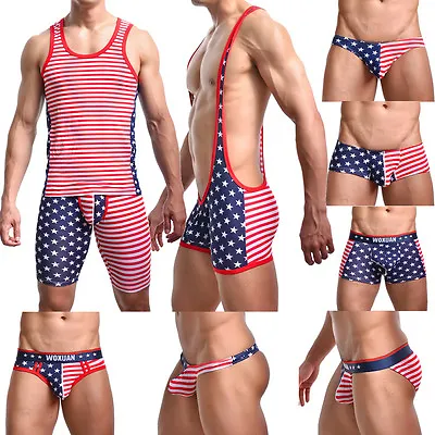 £5.71 • Buy Mens Vest Leotard Underwear American Flag Printed Sexy Boxer Briefs Shorts Pants