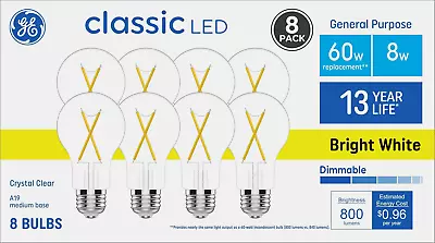 GE 60-Watt A19 Bright White LED Glass Light Bulbs 800 Lumens (8 Pack) ~ NEW • $17.94