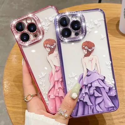 $14.99 • Buy For IPhone 14 13 Pro Max 12 11 X Girl's Rhinestone Diamond Shockproof Clear Case