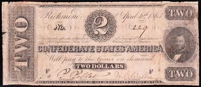 T-61 1863 $2 Confederate CSA Note! FREE SHIPPING! 229 • $59