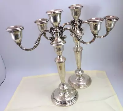 VINTAGE WEIGHTED STERLING SILVER 12  CANDELABRA PAIR 3 SPOT CANDLE HOLDERS 1592g • $102.50