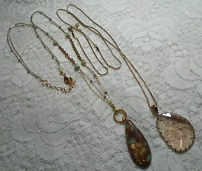 Peach & Green Lucite Pendant Long Gold Tone Chain Necklace Lot • $12.99