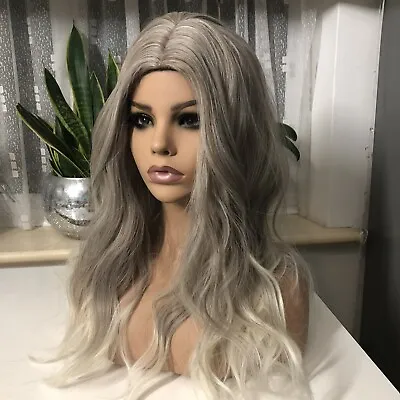 Ashy Grey Roots Creamy Light Blonde Ombré Wig Wavy Long Cosplay Fancy Dress  • £13.65