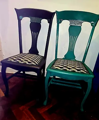 Pair Of Antique Queen Anne Style High Back Dining Chair Reupholstered • £160