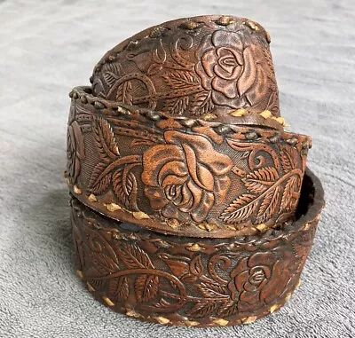 VTG Western Belt Womens 38 Leather Rose Tooled Hand Crafted Laced 1.75” Wide USA • $28.90