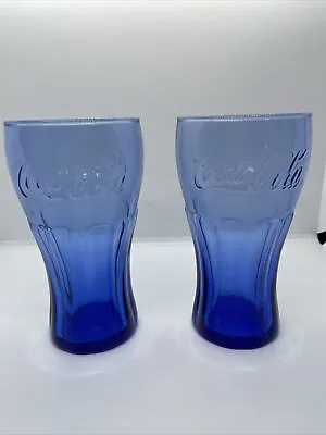 Set Of 2 Vintage Cobalt Blue Coca Cola Drinking Glasses  16 Ounce 6 In. Tall • $14.99