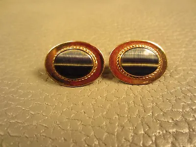 Mid Century Modern Striated Agate Rope Edge Yellow Gold Plated Cuff Links  • $16.95