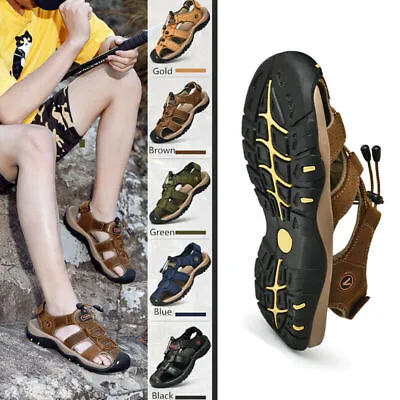 Mens Leather Flats Sandles Outdoor Summer Sandals Beach Water Shoes Size 6.5-12 • £27.59