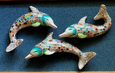 Vintage Mid Century Mosaic Glass Tile Pottery Dolphins Wall Art - VERY UNUSUAL! • $65