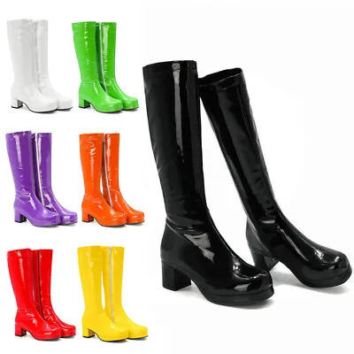 Womens Patent Leather Solid Color Vintage1950S 60S 70S Knee High Gogo Zip Boots • $56.99