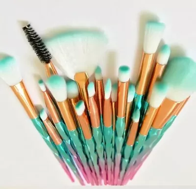  20 Pc Green & Pink Gradient Diamond Cut Metallic Finish Unicorn Makeup Brushes  • $36