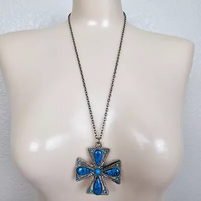 Vintage Faux Turquoise Necklace Maltese Cross Pendant Silver Tone Metal Chain • $14.95