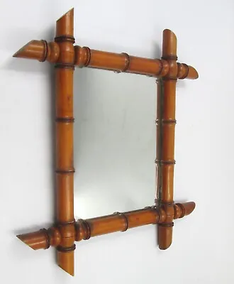Vintage French 15  X 17  TURNED WOOD FAUX BAMBOO MIRROR 38x42cm No Foxing VGC • $56.03