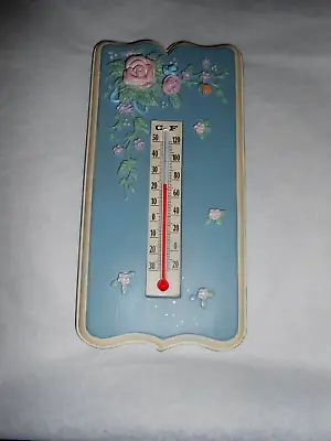 Vintage  Wall Decor -  Thermometer 1989 Soft Blue With Pink Roses • $14.99