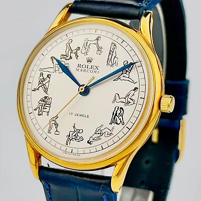 BIG SIZE RARE ROLEX MARCONI KAMASUTRA MEN'S WATCH 18k GOLD PLATED CASE From 50's • $1375