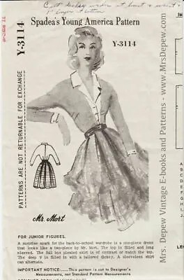 Vintage Sewing Pattern1960s Mr. Mort - Juniors' Dress Spadea Y-3114 34 1/2  Bust • $22